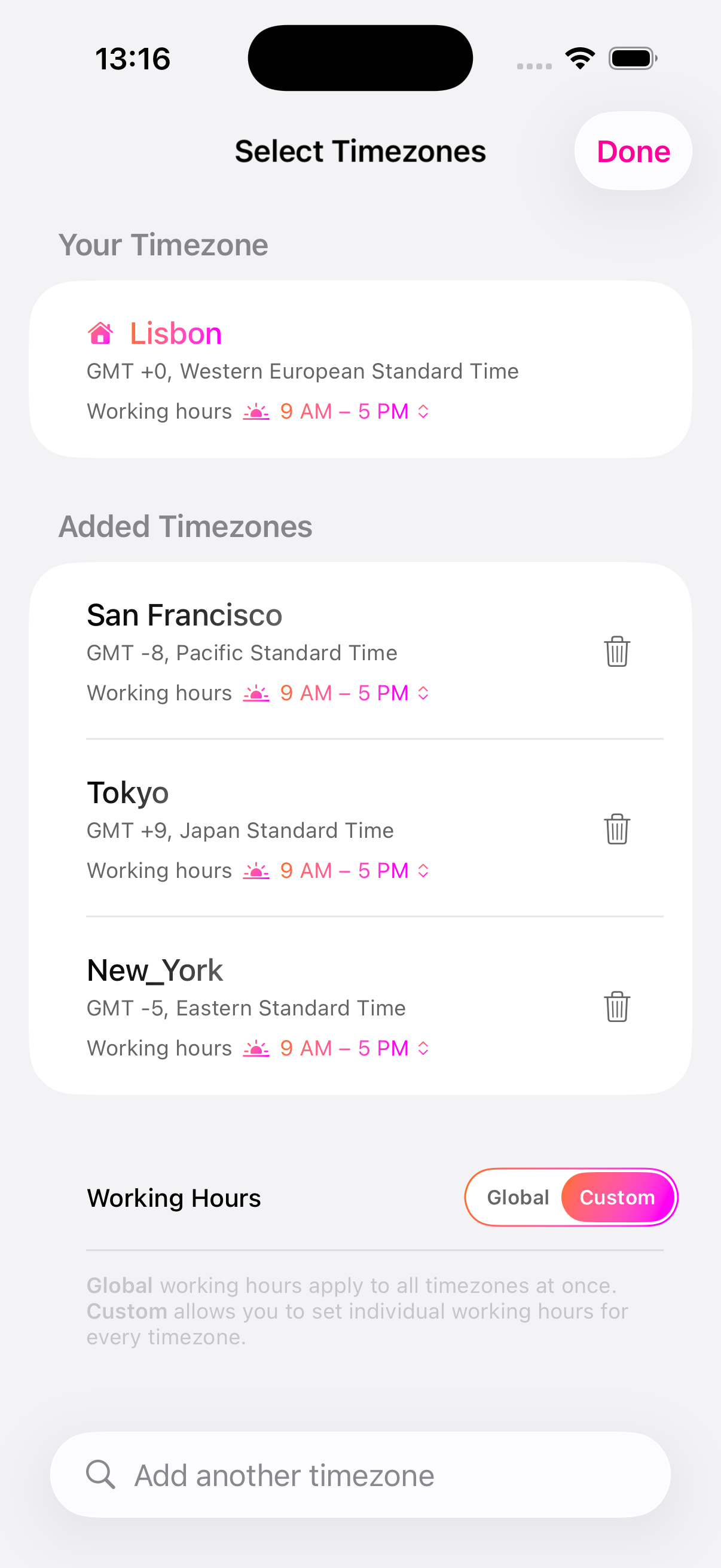 Time Slider timezone selection screen with searchable world timezone list